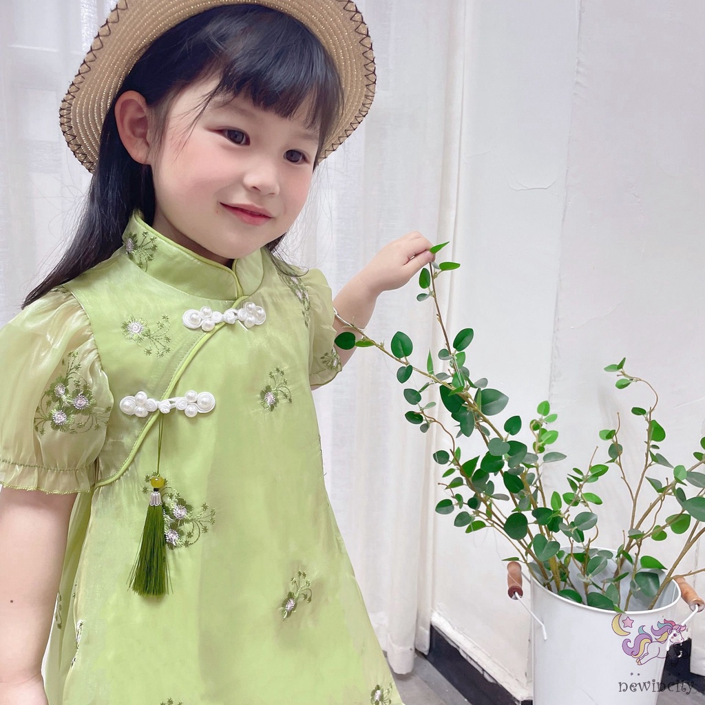 Đầm Sườn Xám Phối Lưới Thiết Kế Phong Cách Trung Hoa Dễ Thương Thời Trang Mùa Hè Cho Bé Gái