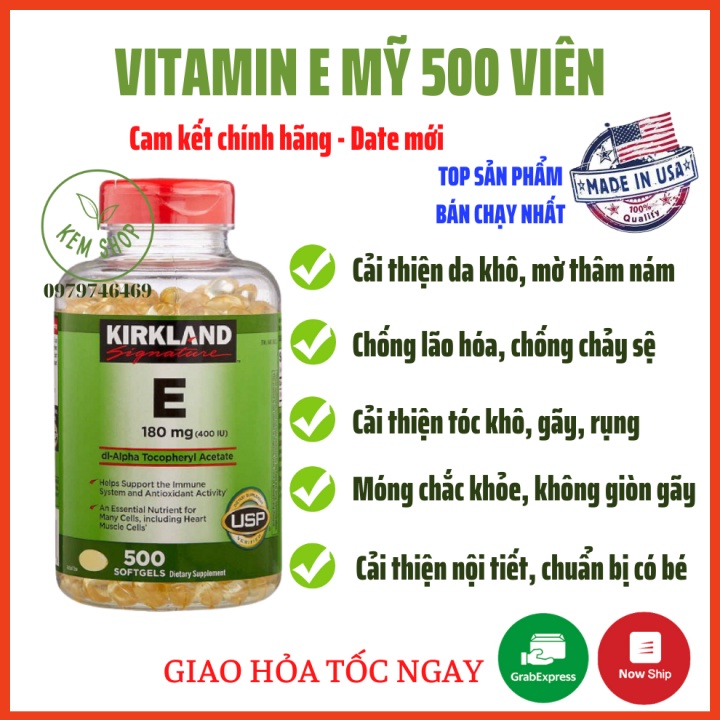 Vitamin E Mỹ 500 viên Kirkland 400ui hỗ trợ làm đẹp da, cai thiện nội tiết, chuẩn bị tốt cho có bé
