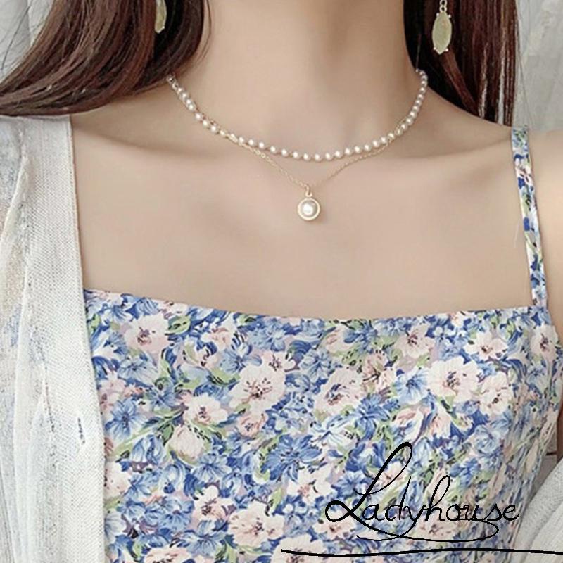Vòng cổ hợp kim hai lớp đính ngọc trai nhân tạo thời trang dành cho nữ