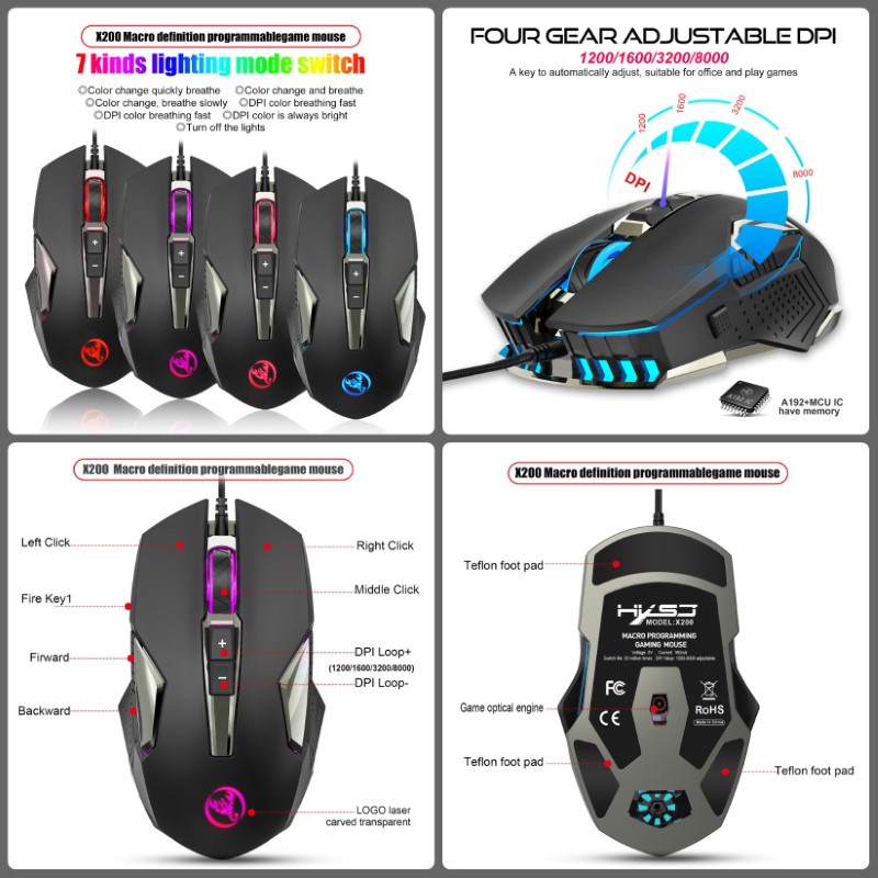 Chuột LED RGB 8000 DPI Gaming Mouse HXSJ X200