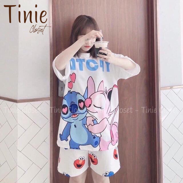 Set đồ bộ hoạt hình form rộng Unisex Stitchs Couple Tinie Closet, Áo thun+Quần đùi Freesize