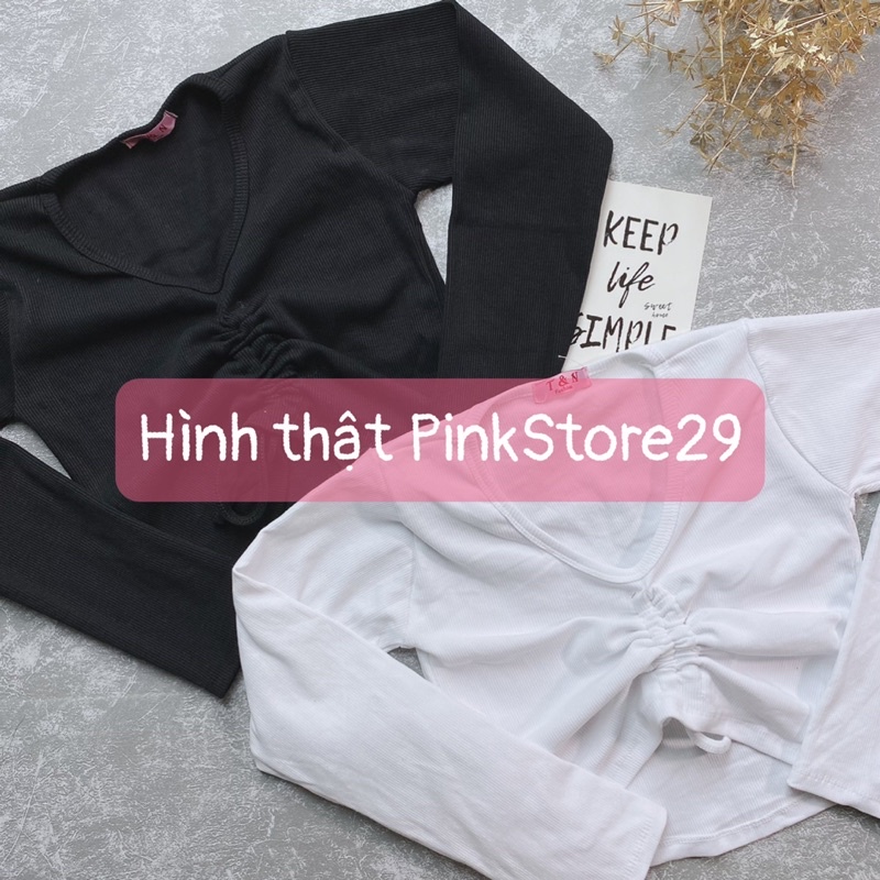 Áo Croptop Cổ Tim Rút Dây Tay Dài A5098