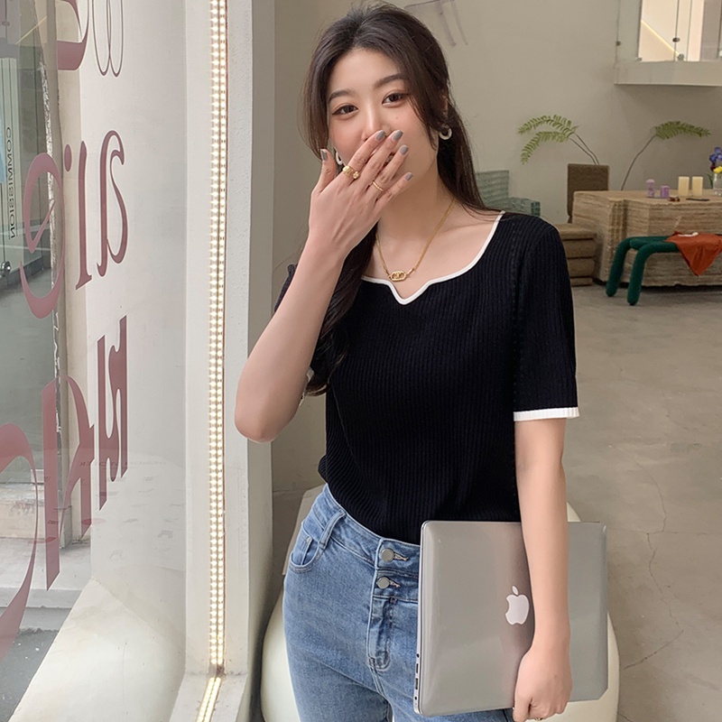 SUXI Áo Dệt Kim Ngắn Tay Màu Sắc Đơn Giản Phong Cách Vintage Dễ Phối Đồ Thời Trang Mùa Hè Cho Nữ