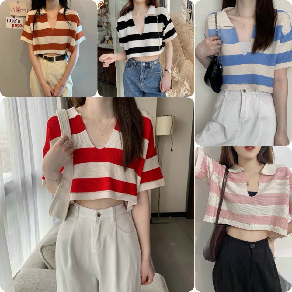 ( Freeship) Áó Croptop Nữ Len Dáng Cổ Bẻ Hottrend Shop Maika Jeans