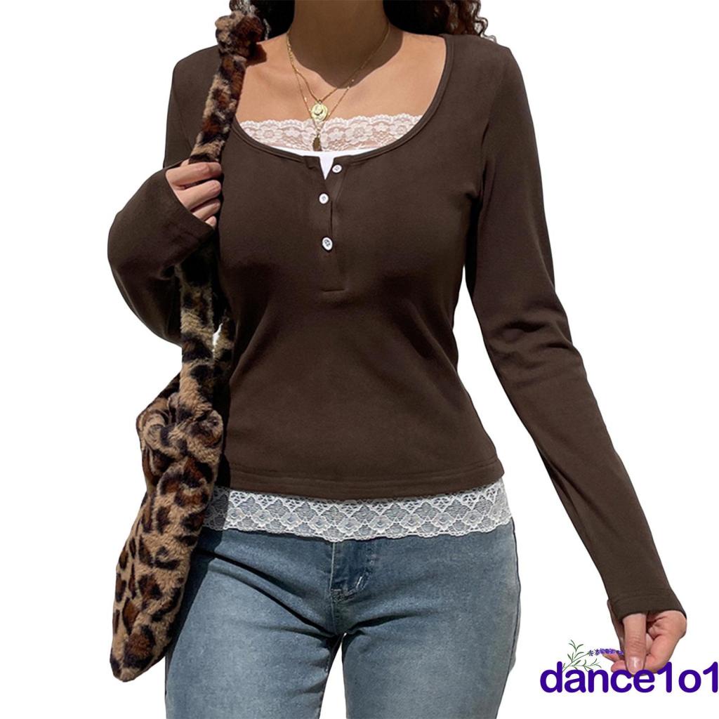 Áo thun tay dài cổ chữ U phối ren phong cách vintage thời trang cho nữ