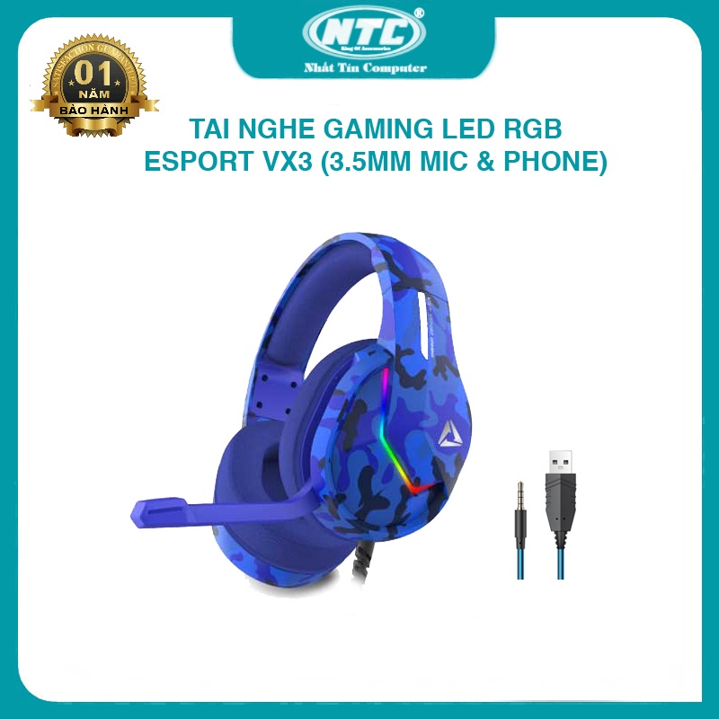 Tai nghe gaming ESPORT VX3 led RGB - tích hợp mic và phone trên 1 jack 3.5mm (Xanh) Nhất Tín Computer