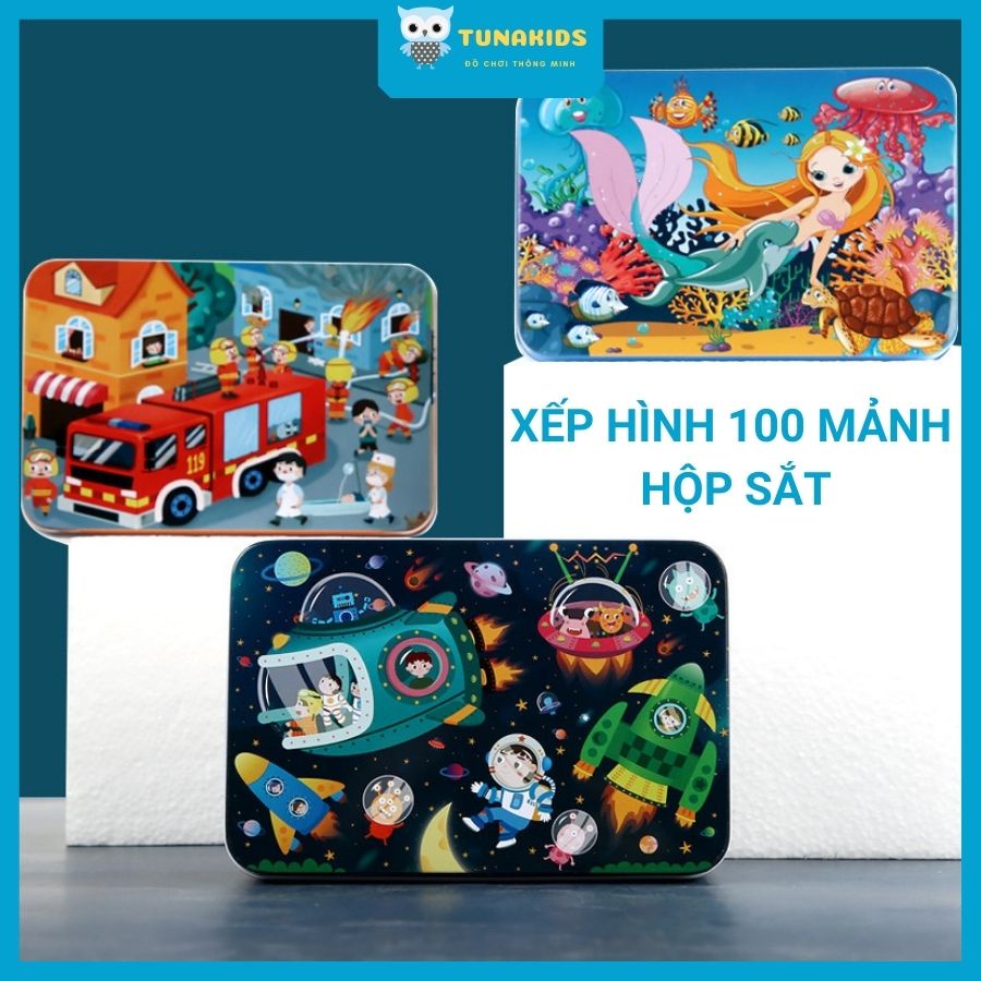 Bộ xếp hình cho bé 100 mảnh puzzle bằng bìa cứng đựng trong hộp sắt TunaKids