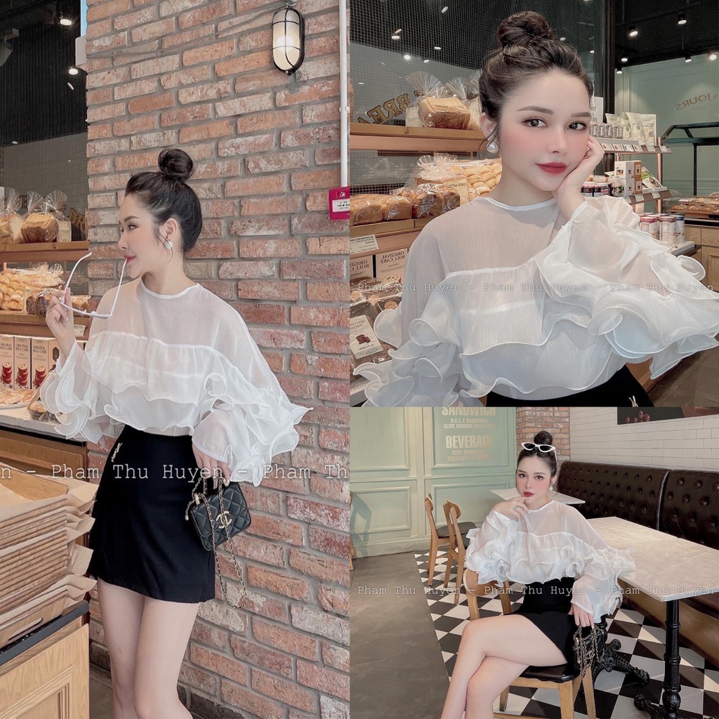 Set áo voan bèo tiểu thư xinh xắn phối chân váy ngắn công sở chữ a kèm logo DN834