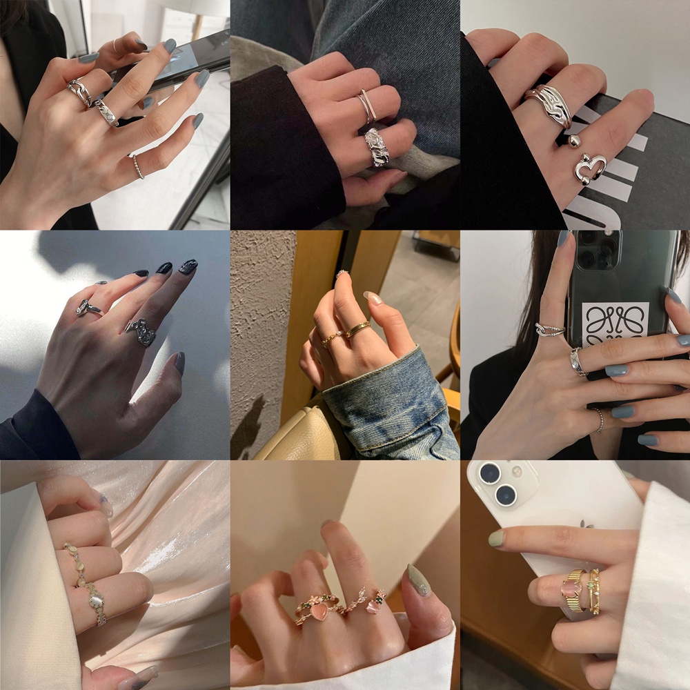 Bộ Nhẫn Kim Loại Đính Đá Opal Hồng Thời Trang Cho Nữ