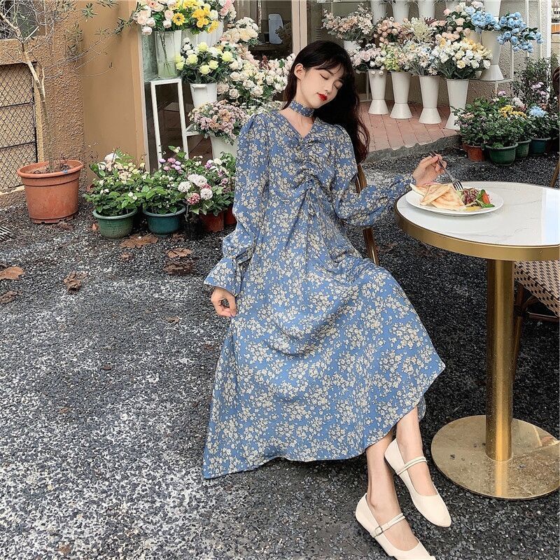 Đầm Dài Tay Cổ Chữ V Thiết Kế Mỏng Thời Trang Theo Phong Cách Hàn Quốc Cho Nữ