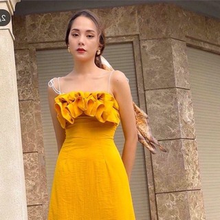 Đầm 2 Dây Đũi Dáng Xòe Vàng