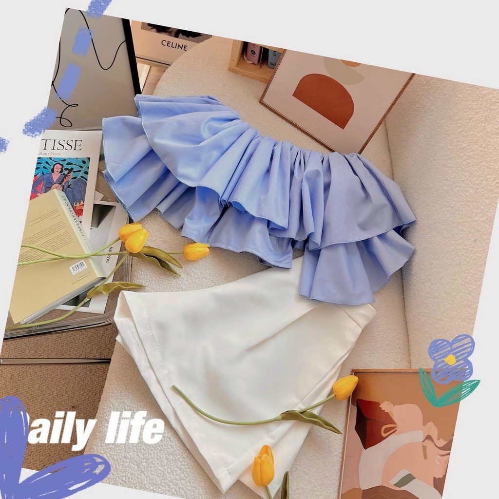 Áo crotop trễ vai tay phồng xếp li màu xanh tôn dáng dễ phối đồ alohashop91