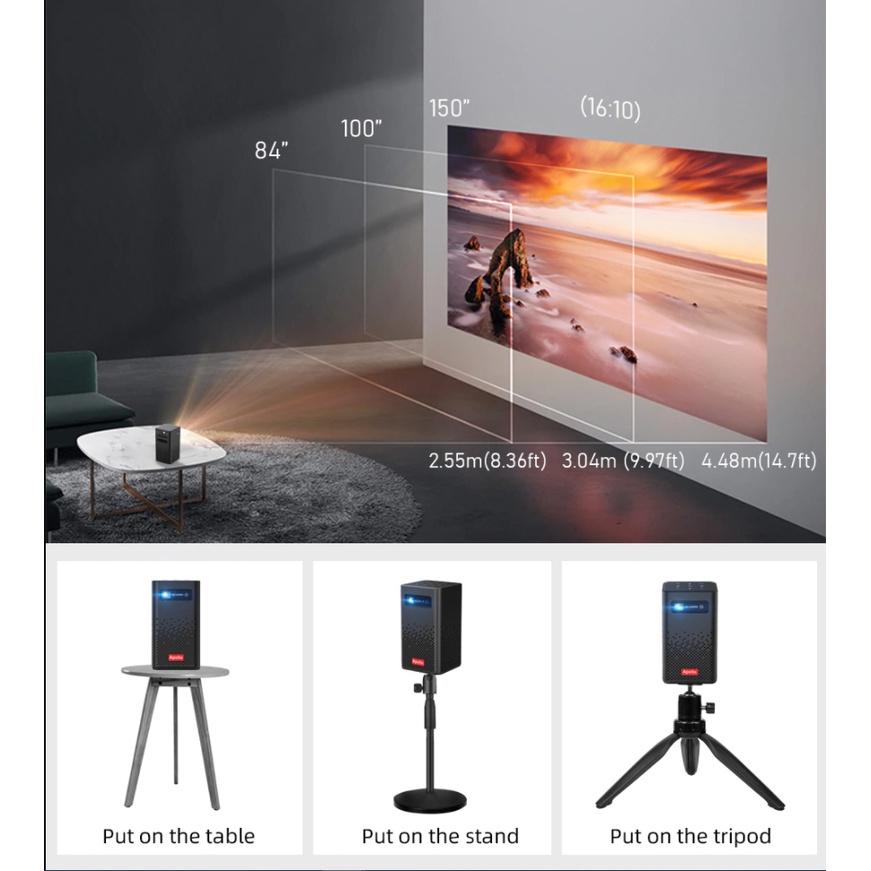 Máy chiếu mini Apollo 11-New 2021: Android TV 9.0, Pin 5200mAh, kết nối bluetooth, loa, wifi, màn hình lên đến 150inch