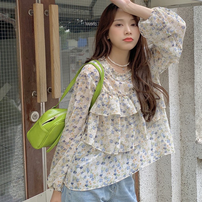 Xiaozhainv Long-sleeved sunscreen top Korean style small fresh floral lotus leaf chiffon shirt