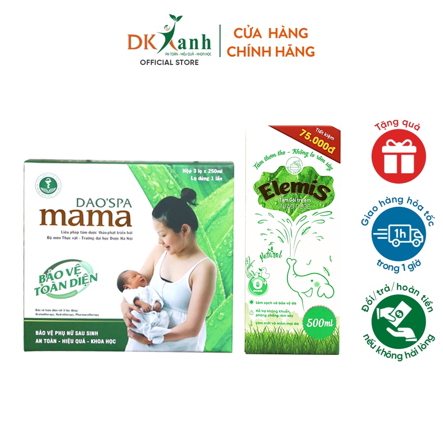 Combo tắm gội cho mẹ & bé sau sinh 1 hộp xông tắm Dao'spa mama + 1 tắm bé thảo dược Elemis 500ml