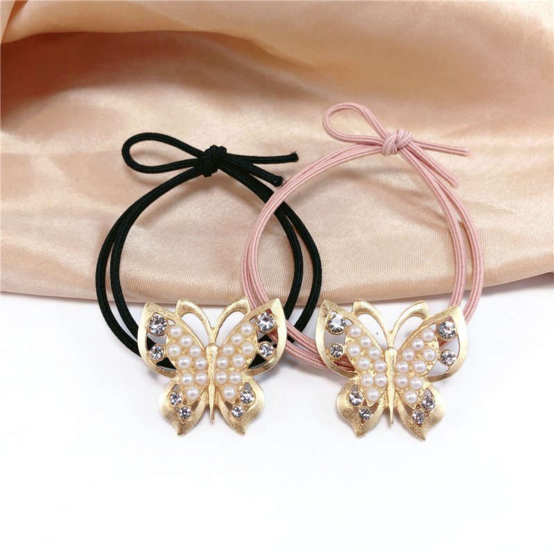 Korean-StyleinsMori Style Pearl Butterfly Elegant Metal Hair tie High Elasticity Ponytail Rubber Band Hair Rope Hair Accessories Head Rope