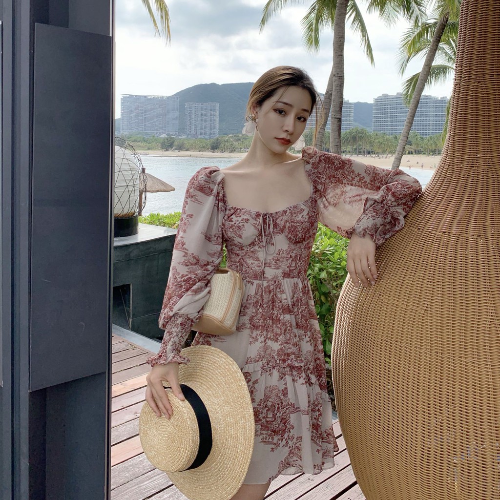 [ODER 7-15 ngày] Đầm Pháp cổ Vuông họa tiết MS289