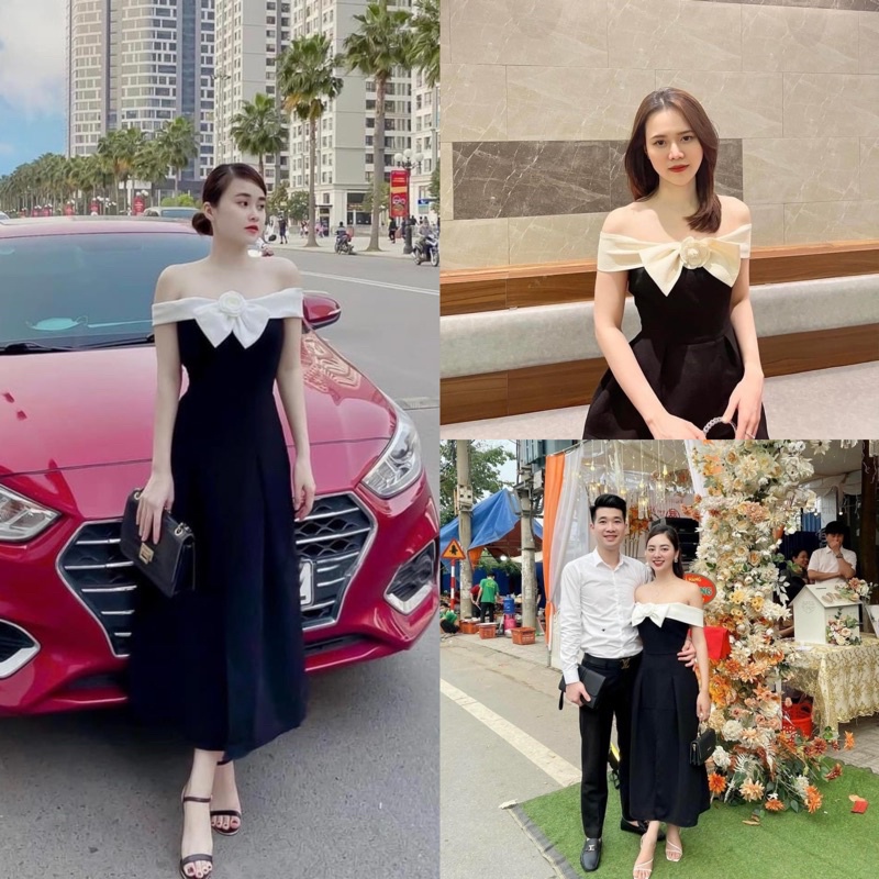Váy trễ vai nơ ngực kèm tag hoa trà siêu xinh (kèm video ảnh thật shop chụp)