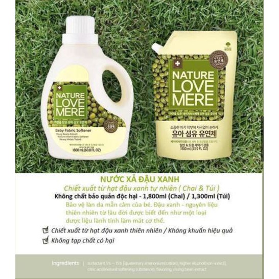Nước xả Nature Love Mere hương đậu xanh Mungbean chai 1.8L/ túi 1.3L
