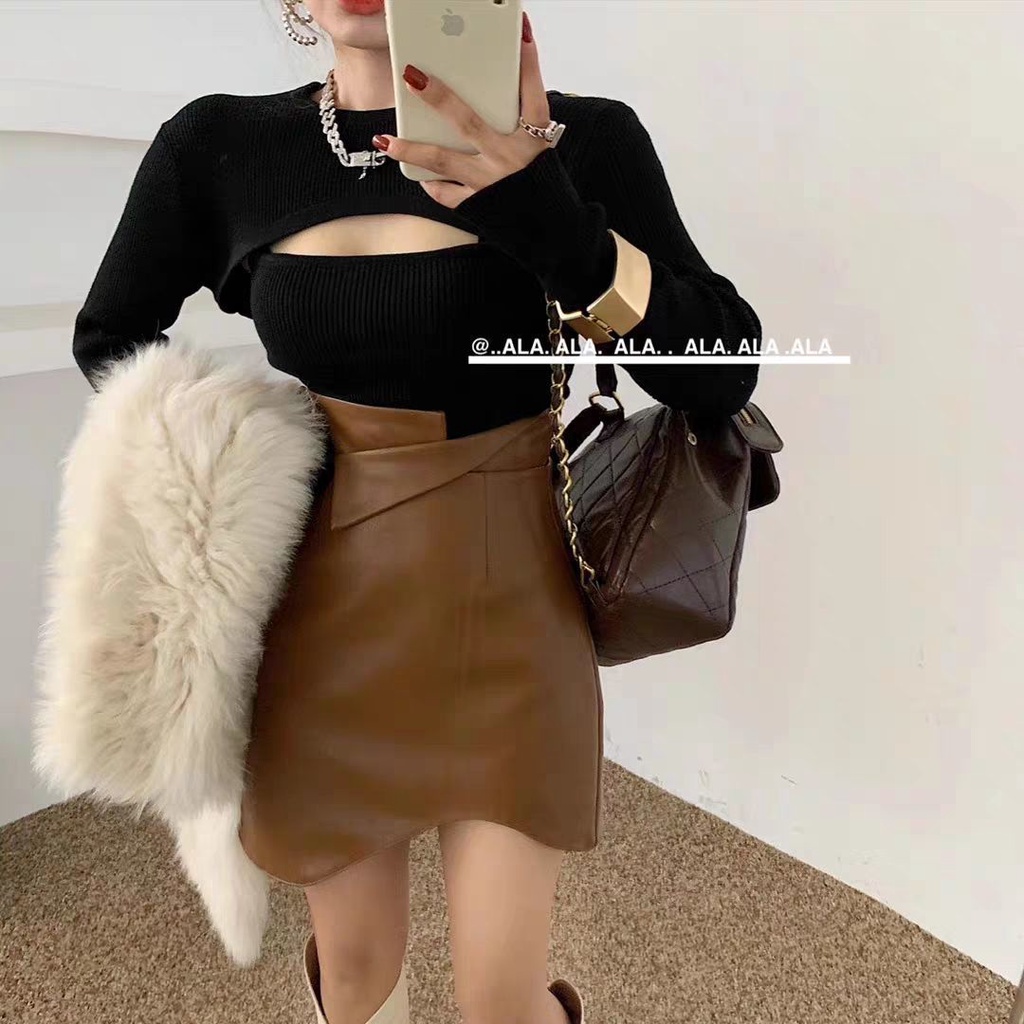 Chân váy chữ A bằng da PU phong cách Hàn Quốc dành cho nữ