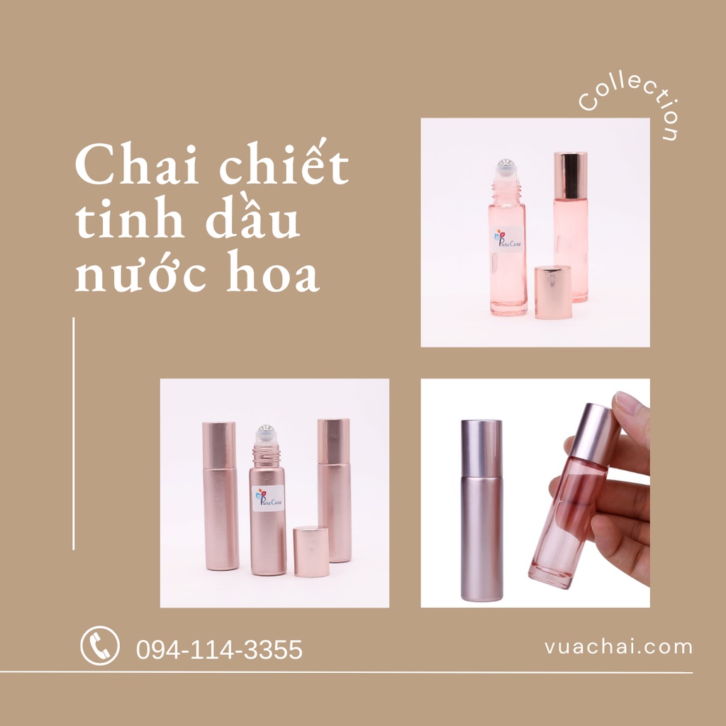 Chai bi lăn thủy tinh 10ml cao cấp màu hồng Rose Gold chiết nước hoa tinh dầu, dầu gió mỹ phẩm dưỡng da