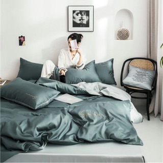 Set Chăn Ga Gối Lụa Tencel Phối Màu Xanh Ghi