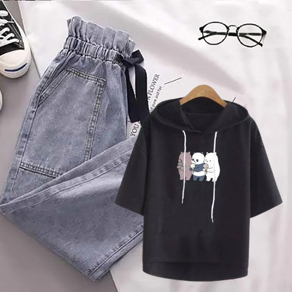 Set Áo Hoodie Lửng Ngắn Tay Có Mũ + Quần Short Jeans Lưng Cao Thời Trang Hàn Cho Nữ