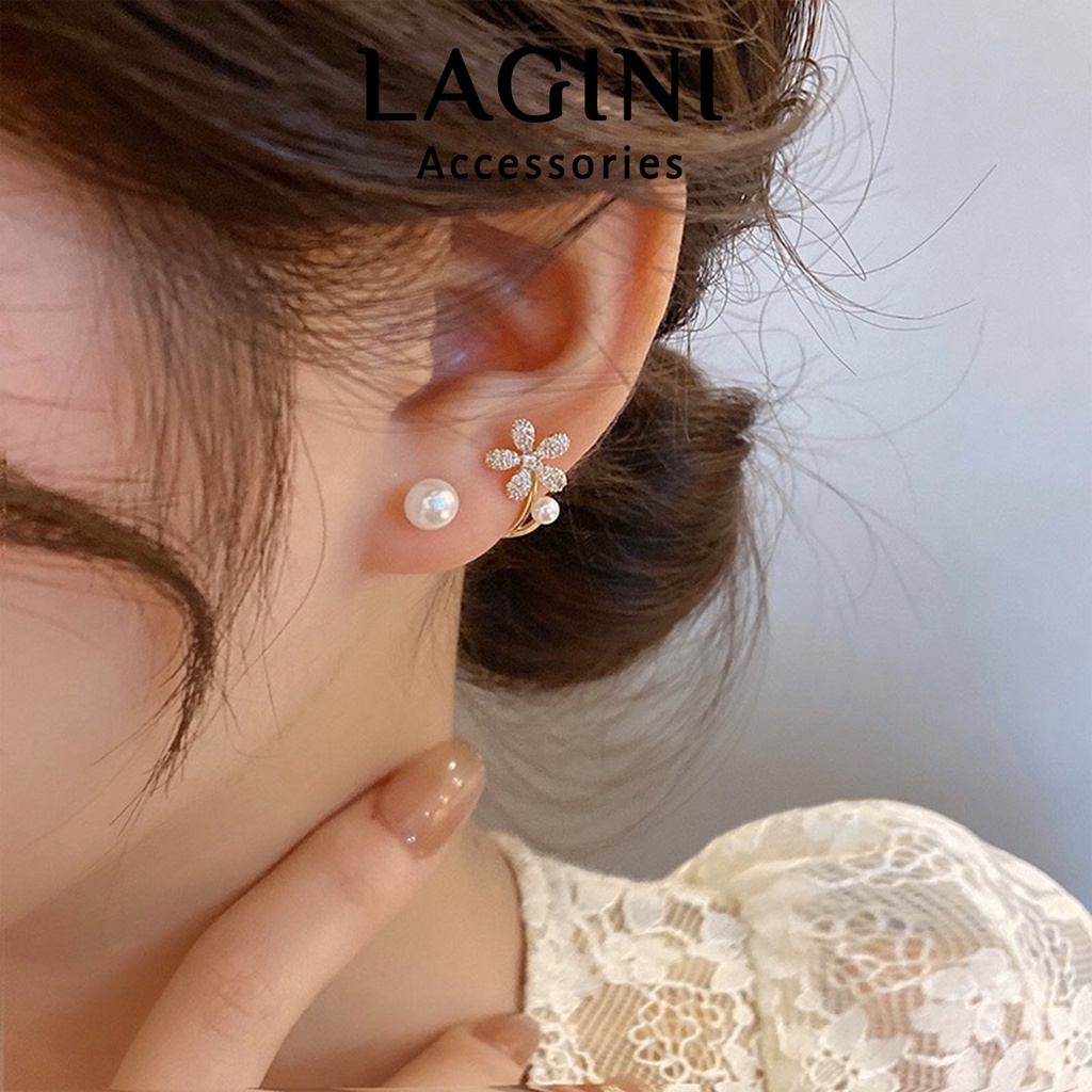 Bông tai ôm vành hoa đính đá chuôi bạc Lagini trẻ trung cho nữ phong cách Hàn Quốc