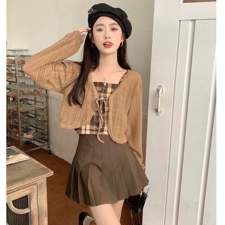 Áo Hai Dây Sọc Ca Rô / Áo Khoác Cardigan / Chân Váy Chữ A Dài Tay Lưng Cao Xếp Ly Thời Trang Retro Sành Điệu 54050