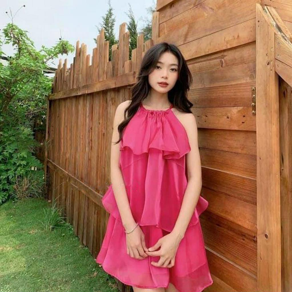 Váy nữ xinh, Váy babydoll chất tơ cổ yếm thắt nơ xòe tầng xinh xắn