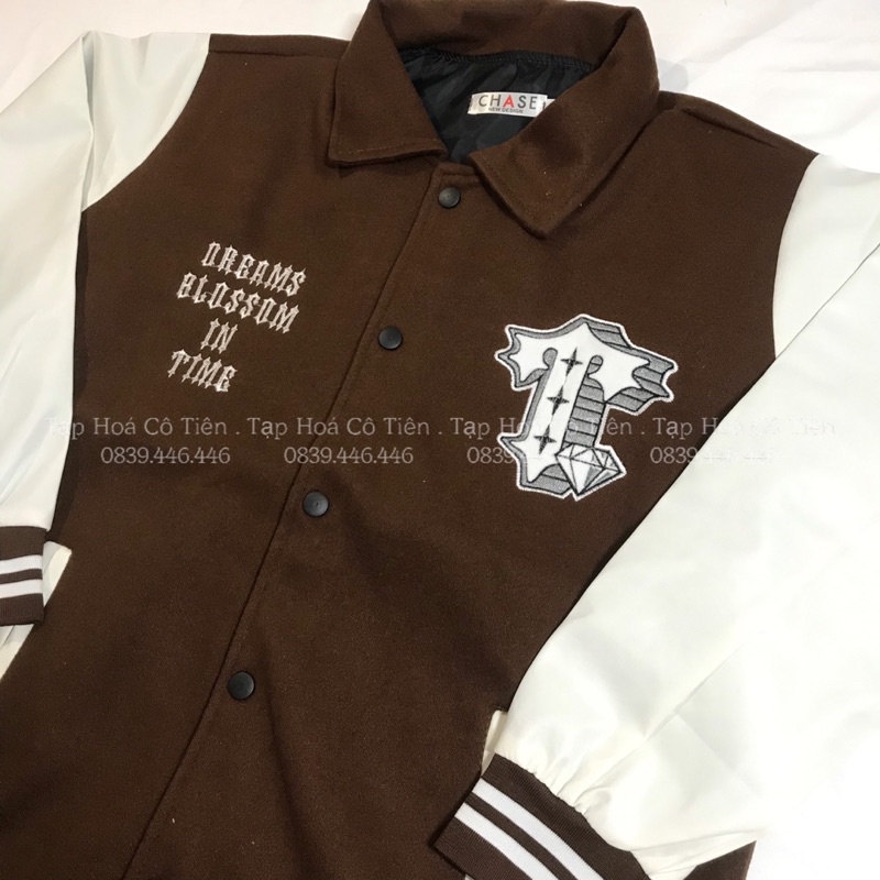 Áo khoác bóng chày lá bài nâu chất dạ tay da nam nữ
