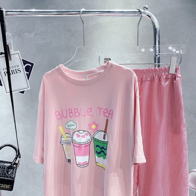 Sét áo PULL hồng chất cotton, áo phông mix cùng quần kẻ, siêu xinh chất mát CAO CẤP