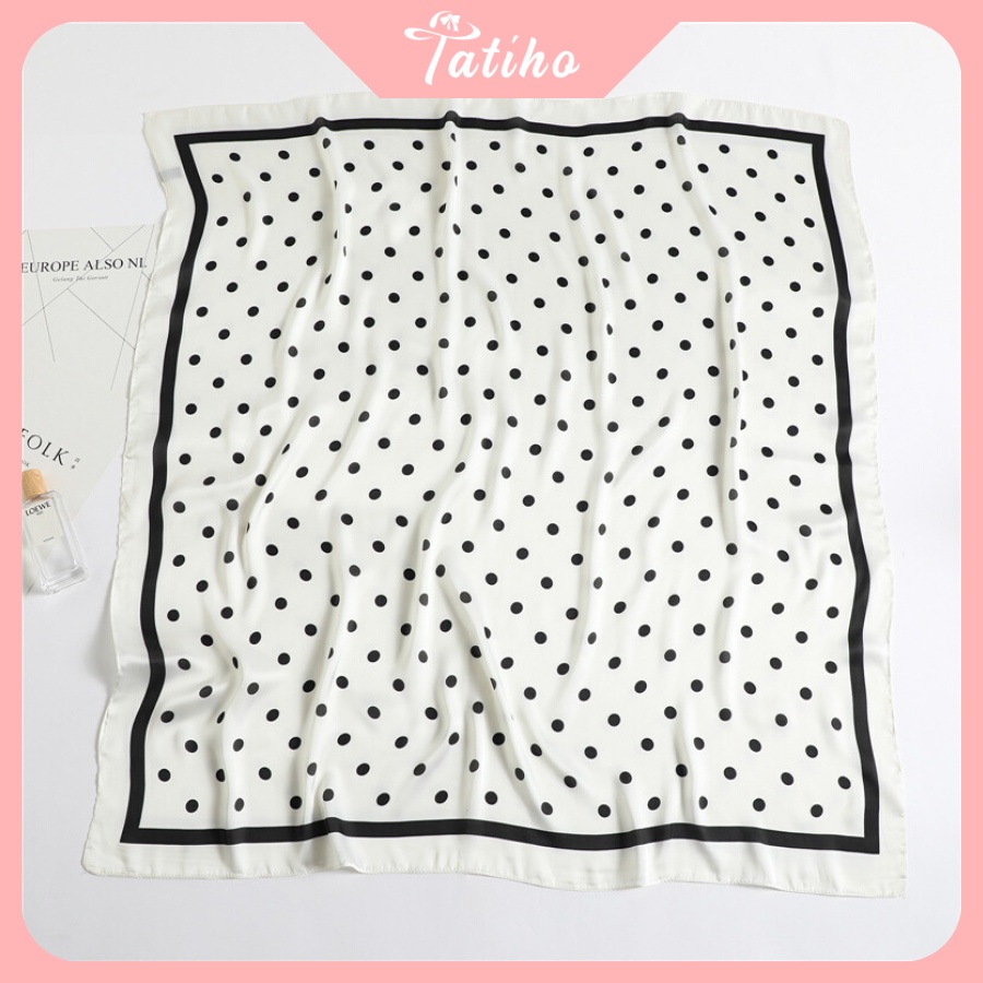 Khăn Lụa Vuông Turban Cao Cấp Họa Tiết Chấm Bi Làm Áo Quàng Cổ - Chất Liệu Silk - 90x90cm - Tatiho - Mã KL056