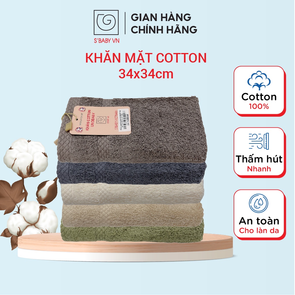 Khăn Mặt Cotton S'BABY 34x34cm Sản Xuất Từ Nguyên Liệu Tự Nhiên Mềm Mại, An Toàn Cho Da - 8936137960226