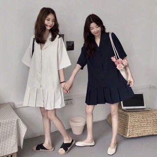 Đầm suông cổ vest đuôi xếp li