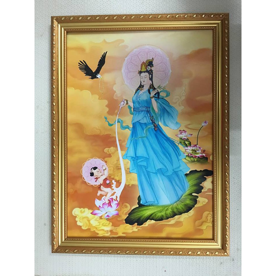 Tranh Phật Bà Quan Âm đứng cùng Hồng Hài Nhi 25x35,30x40,35x45