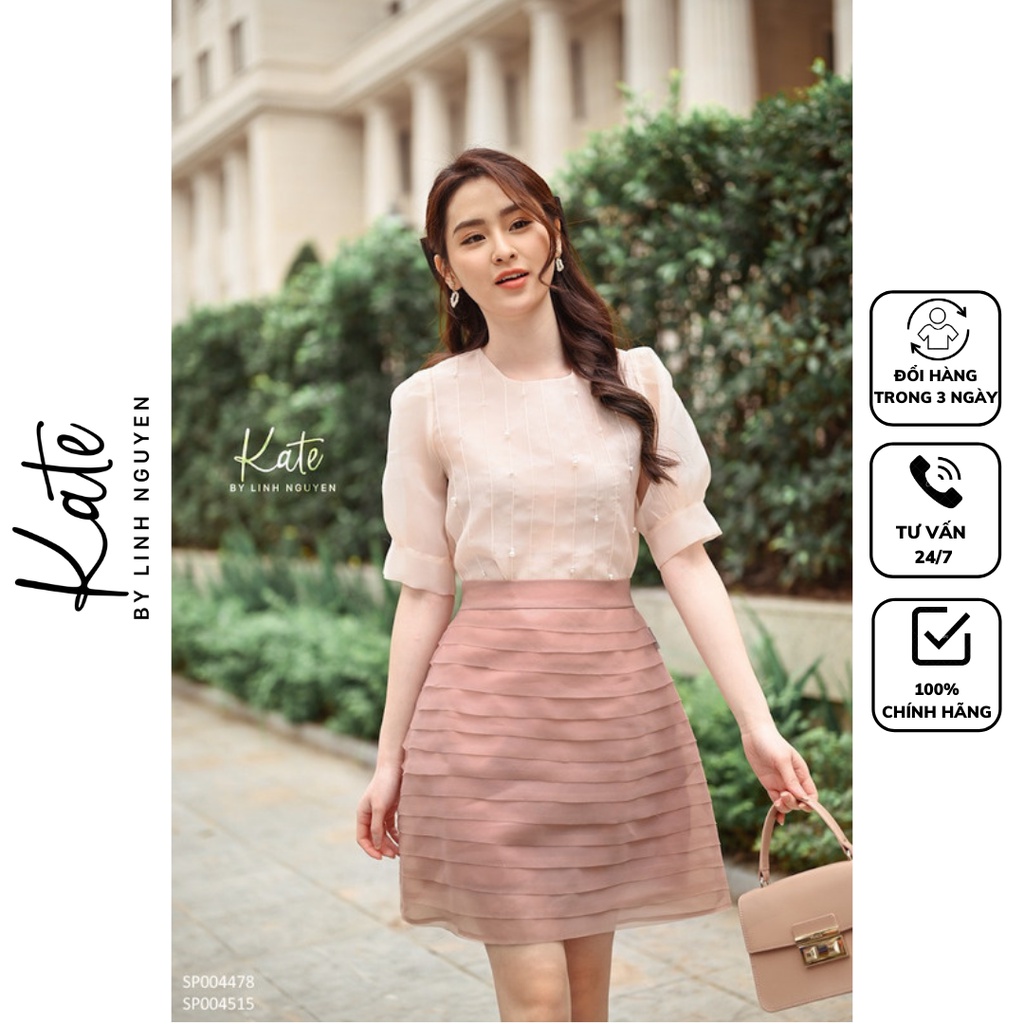 Áo sơ mi tơ Hàn mí nhỏ đính hạt màu kem 4515 chân váy tơ Hàn xếp bèo xéo 4478 thời trang thiết kế KATE By Linh Nguyen