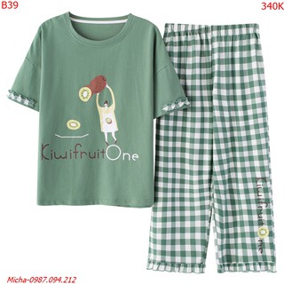 Quần áo nữ 💐FREE SHIP💐 Bộ quần áo nữ quần lỡ kẻ caro màu xanh trái kiwi - Micha B39 [đồ bộ]