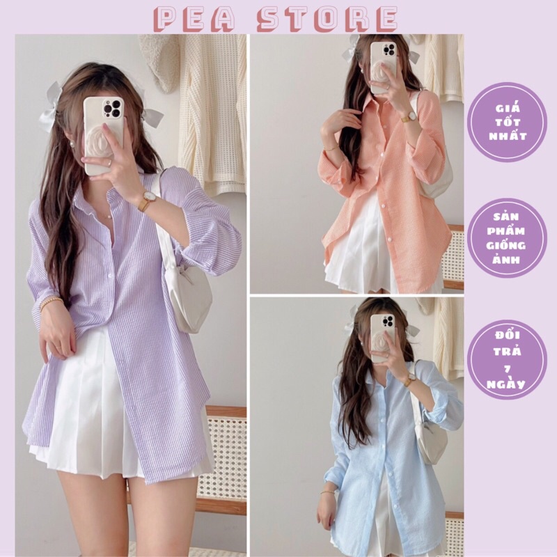 Áo sơ mi kẻ dáng dài tay chất xốp oversize Pea Store - Áo sơ mi kẻ dáng rộng chất xốp màu nổi bật (Ảnh thật)