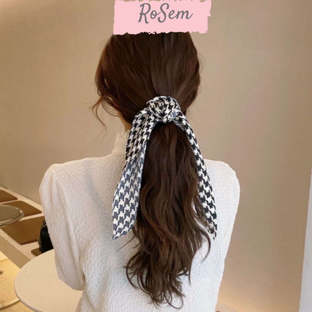 Dây buộc tóc lụa họa tiết Houndstooth phong cách Hàn Quốc