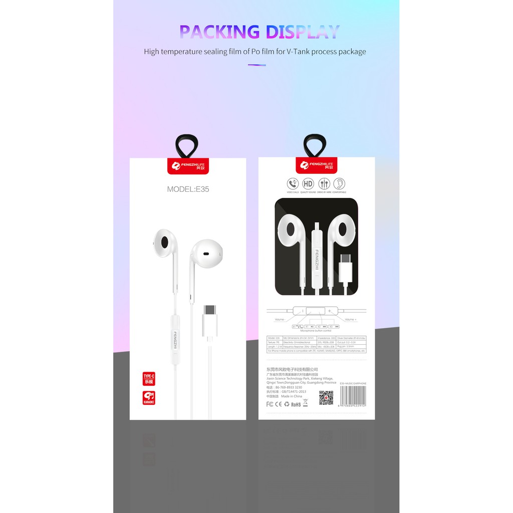 Tai nghe có dây FENGZHI E35 chính hãng nhét tai có Mic đàm thoại chân cắm Type C  BH 12 tháng