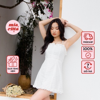 Váy 2 dây vải thô trắng hoạ tiết hoa cúc Mia Ritta V990 ảnh thật