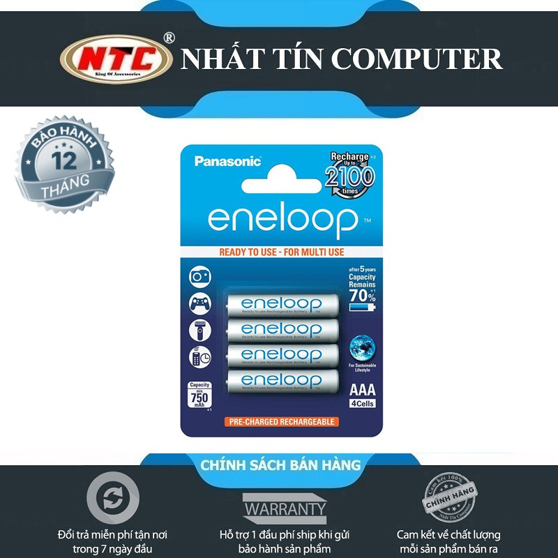 Pin sạc AAA Panasonic Eneloop 750mAh Vỉ 4 Viên - hiệu suất thất thoát bảo toàn đến 5 năm (Trắng)