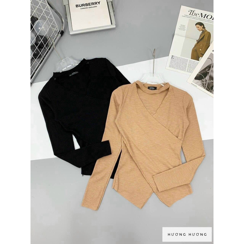 ÁO THUN GÂN CỔ CHOKER TAY DÀI VẠT ĐẮP CHÉO - MẪU VẢI ĐẸP