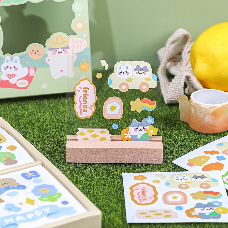 Sticker cute/Hộp 100 tấm sticker hình dán dễ thương HAPPY PICNIC trang trí sổ planner bullet journal Hàn Quốc Tẻn Tẻn