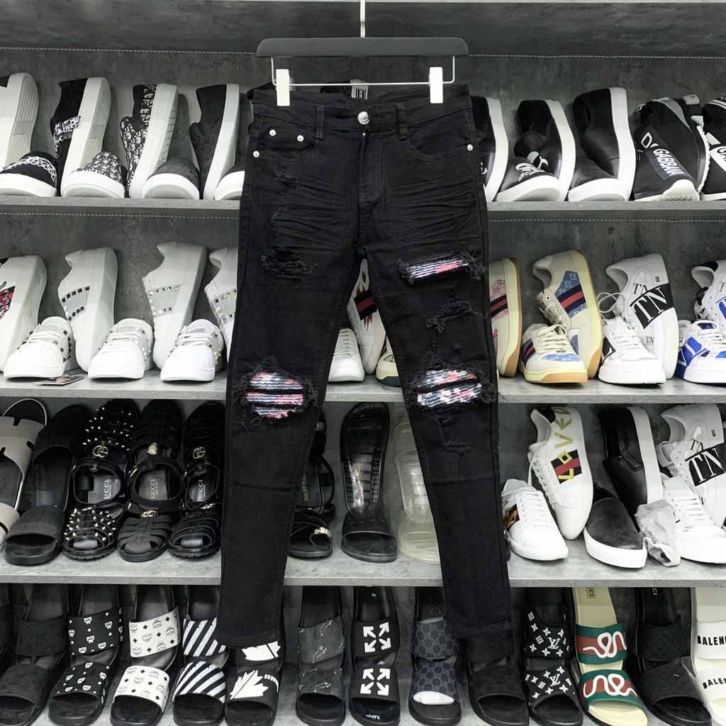 Quần jean bò nam slimfit rách xù đùi gối vá vải nhăn loang hồng xanh chất mềm mịn co giãn cao cấp QJ140P