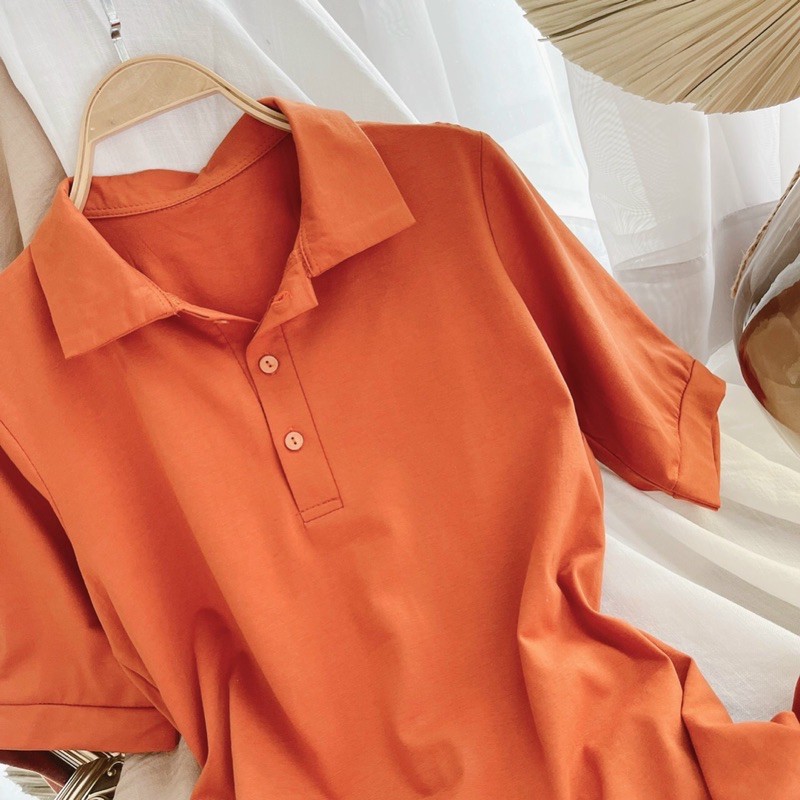 Đầm polo trơn dáng suông dài màu cam đất và đen chất cotton che khuyết điểm - Đầm Nữ Hoài Thương