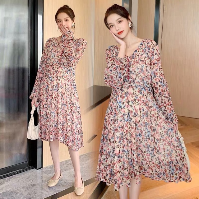 🤰váy bầu voan hoa dài tay( hàng quảng châu)
