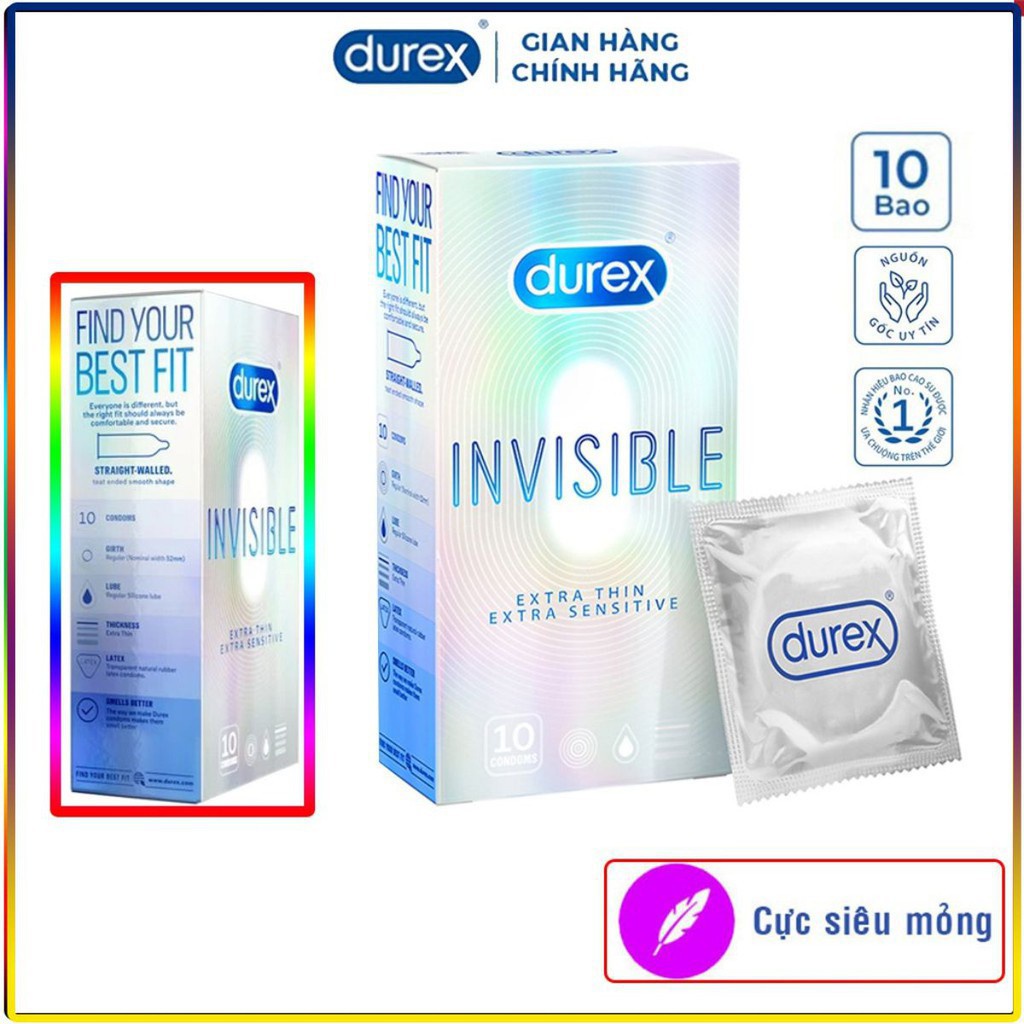 Bao cao su siêu mỏng durex invisible 10 bao nhiều gel, bao cao su cao cấp cho gia đình, nam nữ tăng cường gel bôi trơn.