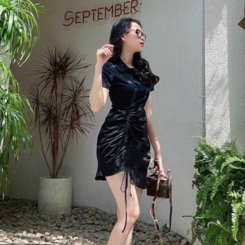 Gunkaymatter Đầm Ôm Body Cổ Sơ Mi Rút Dây Bên Hồng Thời Trang Nữ Thiết Kế Sang Chảnh